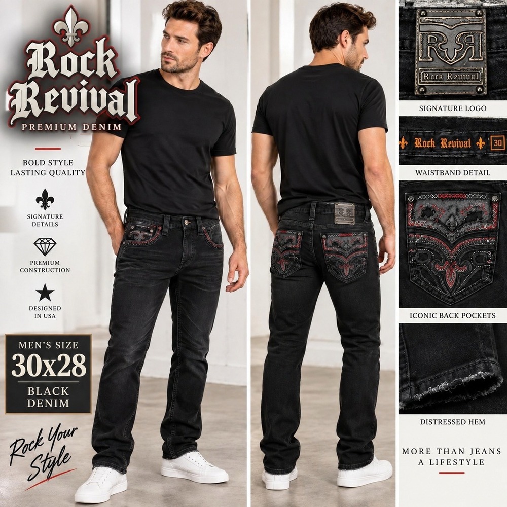 Rock Revival Men Jean 30 Greyton Straight Black Red Rhinestone Fleur De Lis 1905